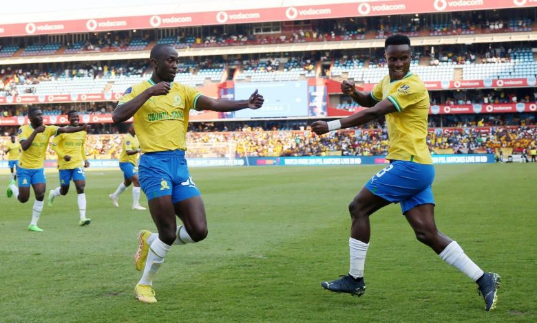 Peter Shalulile and Themba Zwane celebrating a goal