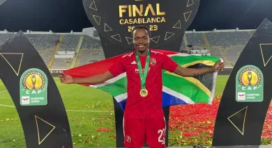 Percy Tau of Al Ahly celebrating the CA Champions League success