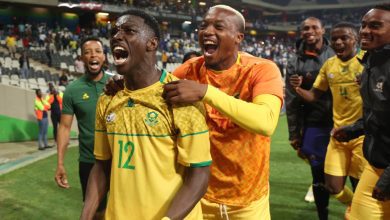 Bongokuhle Hlongwane with his Bafana Bafana teammates in celebratory mood.