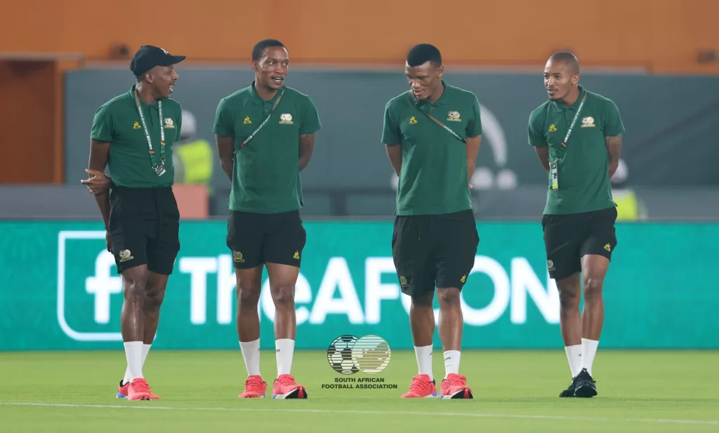 Bafana Bafana defenders during pitch inspection