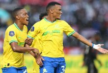 Mamelodi Sundowns defenders celebrate a goal in thrle DStv Premiership
